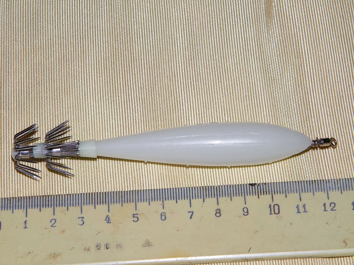 Toneira fusiforme branca, com régua para dar a escala.