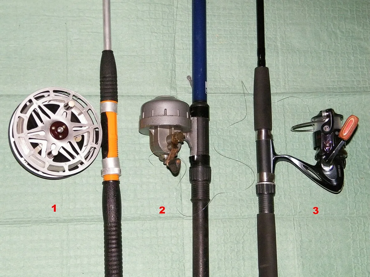 Comparação de três tipos de carreto: de tambor (1), fechado (2) e de bobine fixa (3)