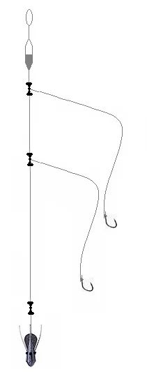 Esquema de um paternoster de dois estralhos, a mesma lógica usada a partir de barco.
