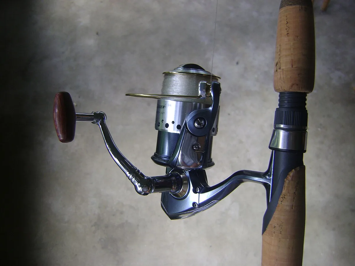 Carreto de bobine fixa montado numa cana com punho de cortiça, combinação típica de spinning